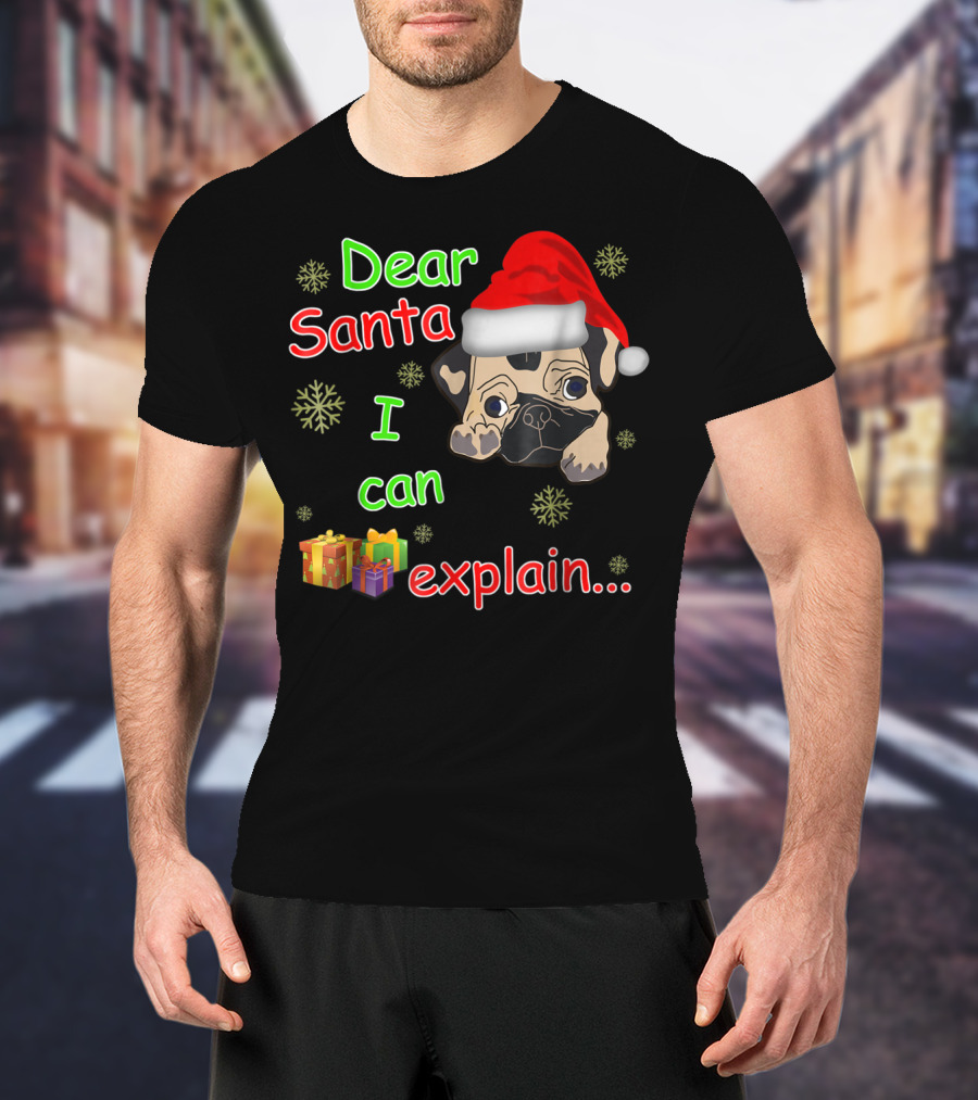 Dear Santa I Can Explain Pug In Santa Hat With Snowflakes And Presents T-Shirt