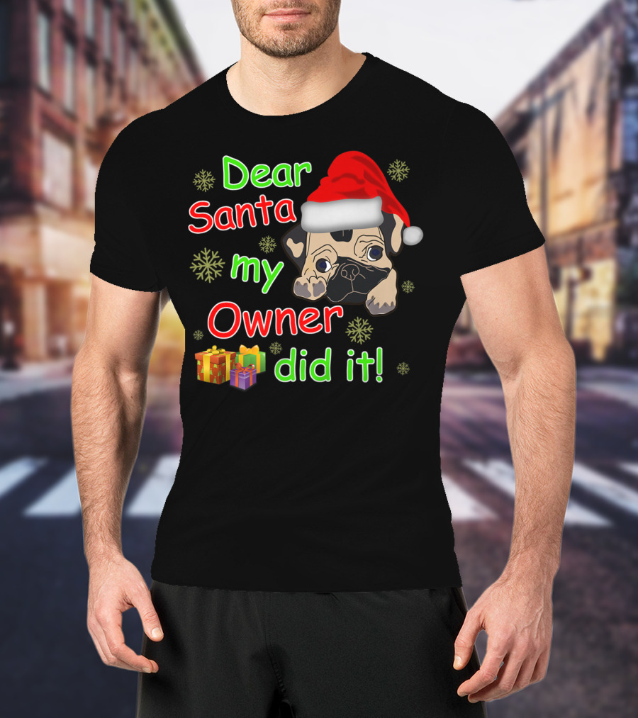 Dear Santa My Owner Did It Pug Santa Hat Snowflakes Presents T-Shirt