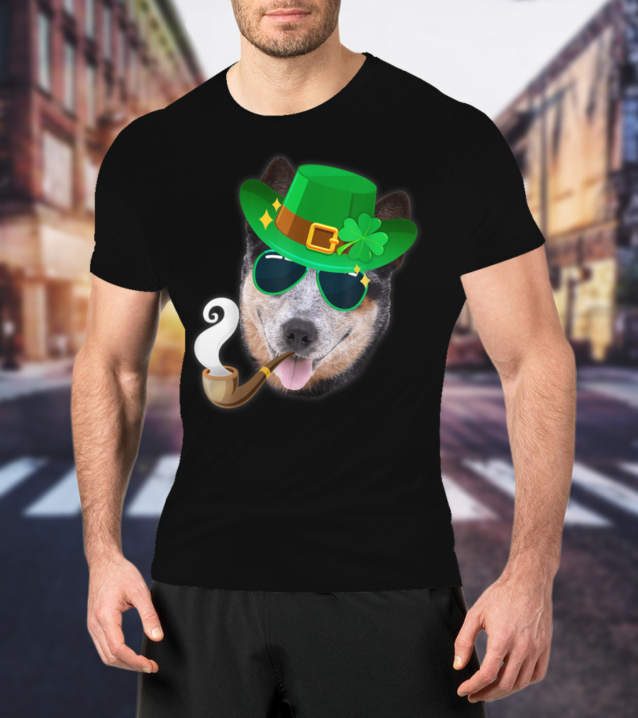 Australian Cattle Dog Leprechaun With Pipe And Shamrock Hat T-Shirt