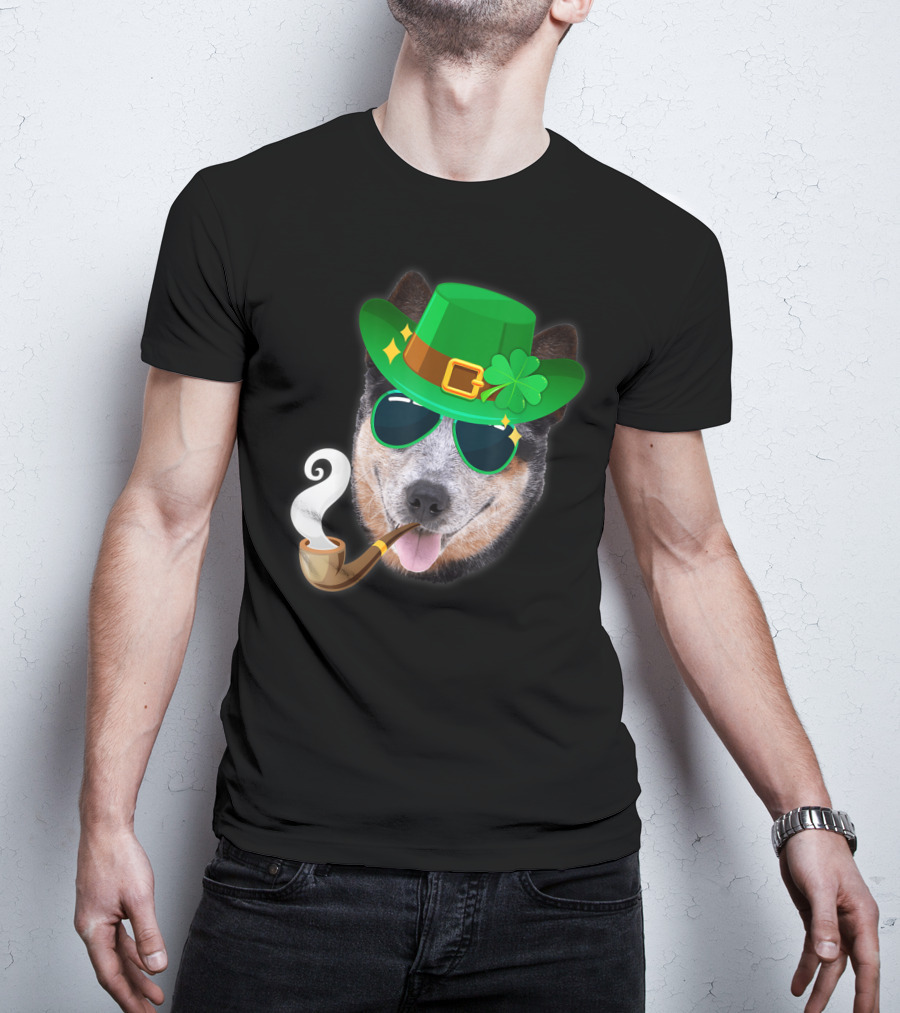 Australian Cattle Dog Leprechaun With Pipe And Shamrock Hat T-Shirt