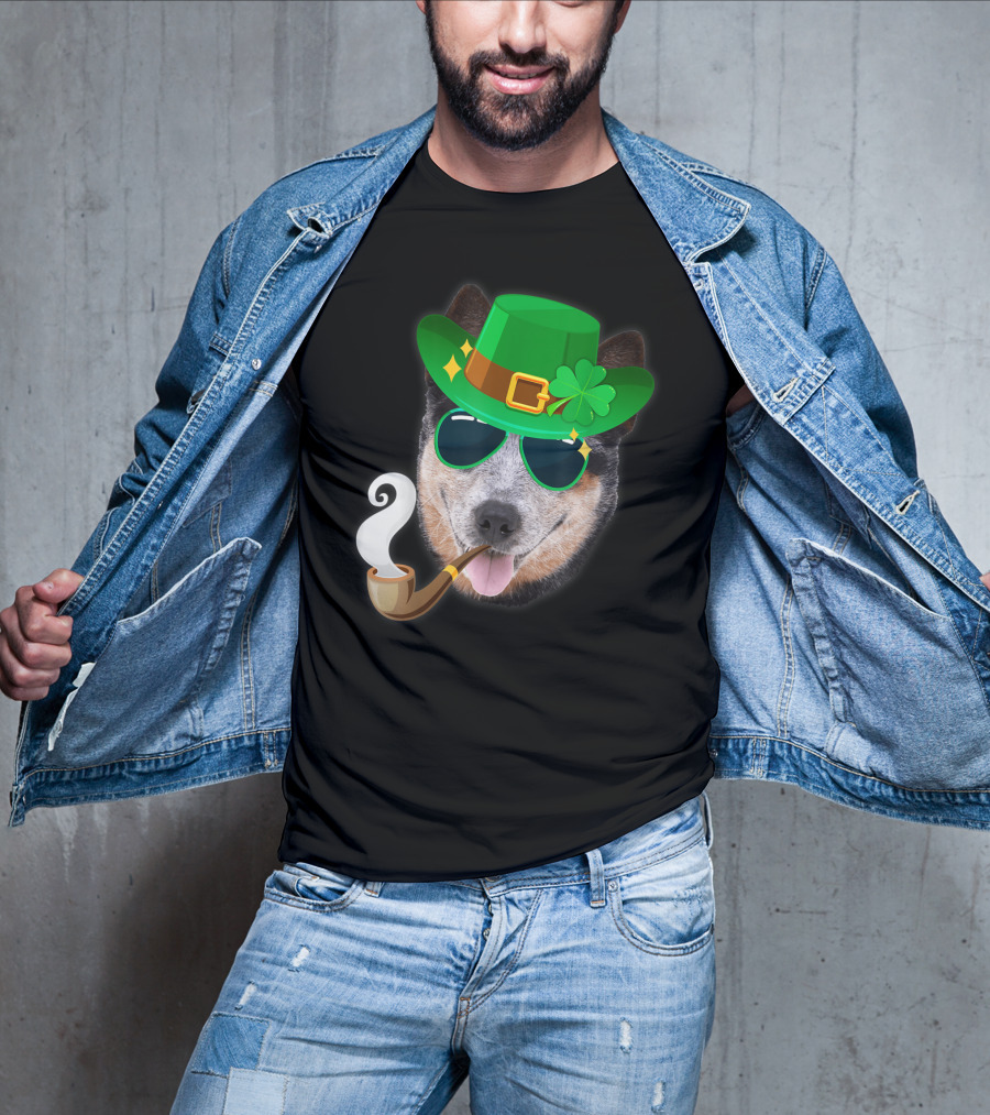 Australian Cattle Dog Leprechaun With Pipe And Shamrock Hat T-Shirt