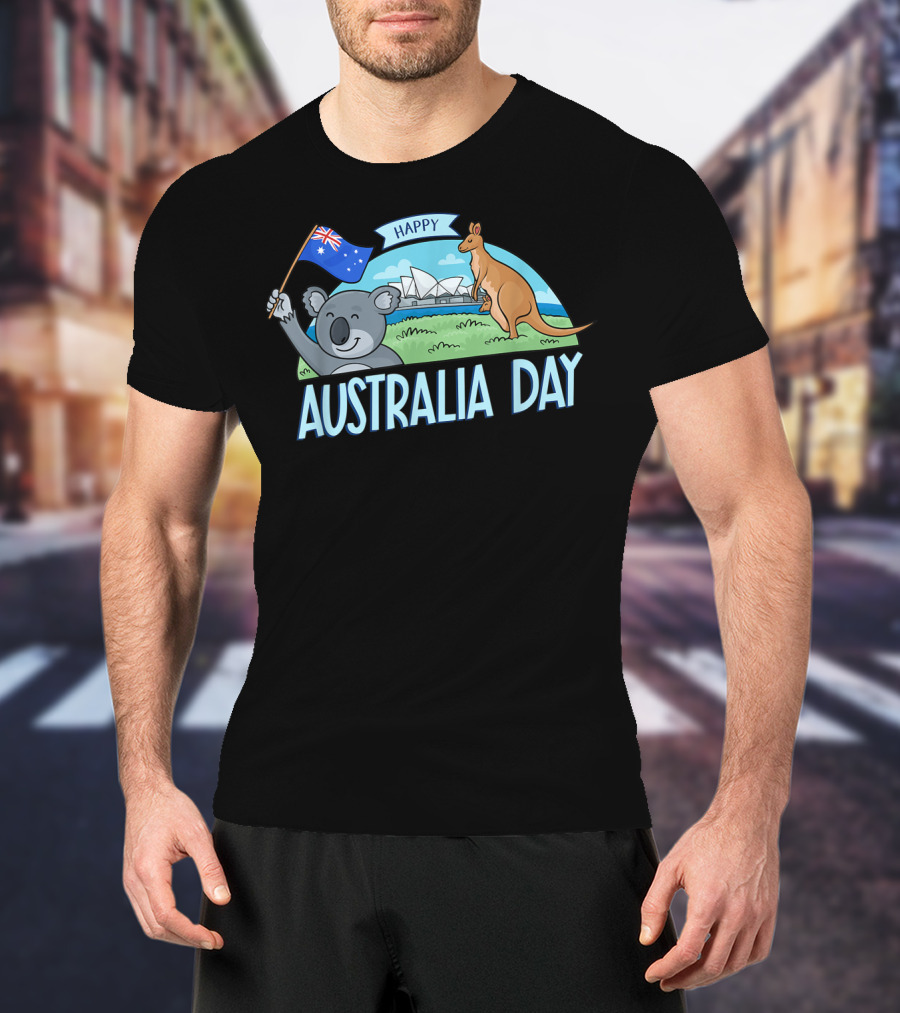 Happy Australia Day Koala Bear And Kangaroo With Australian Flag T-Shirt