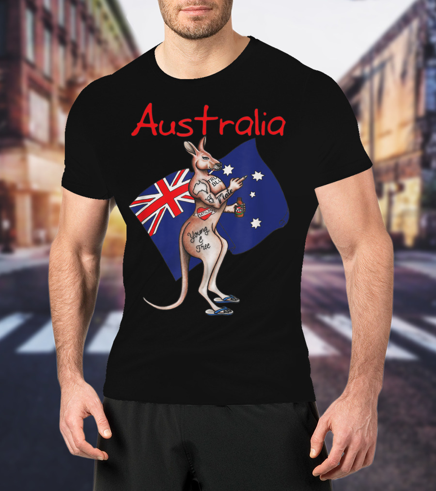 Australia Tattooed Kangaroo Young And Free Flag T-Shirt