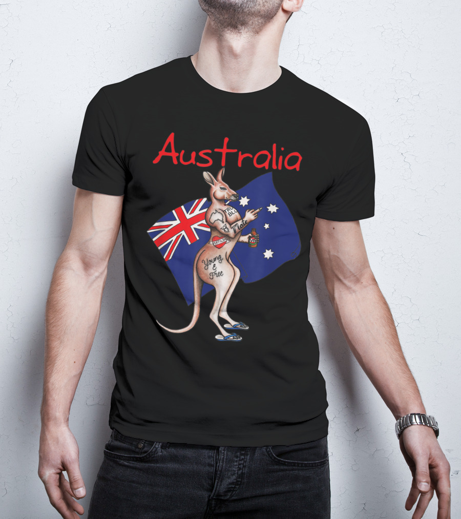 Australia Tattooed Kangaroo Young And Free Flag T-Shirt