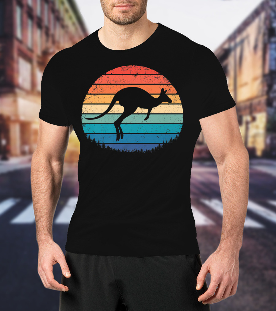 Australia Kangaroo Vintage Sunset Forest Silhouette Retro Stripes T-Shirt