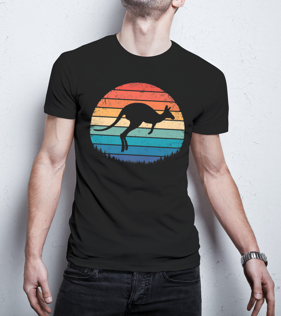 Australia Kangaroo Vintage Sunset Forest Silhouette Retro Stripes T-Shirt