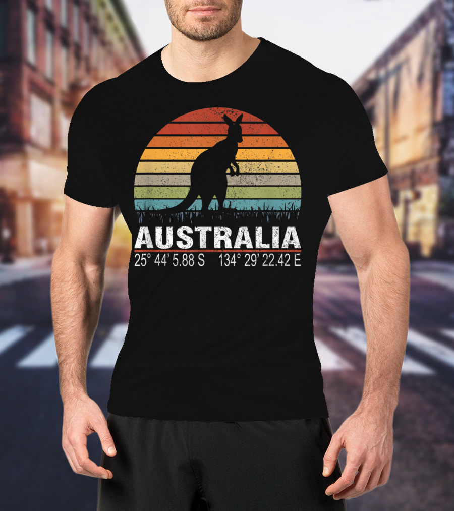 Australia Retro Kangaroo Silhouette Sunset With GPS Coordinates T-Shirt