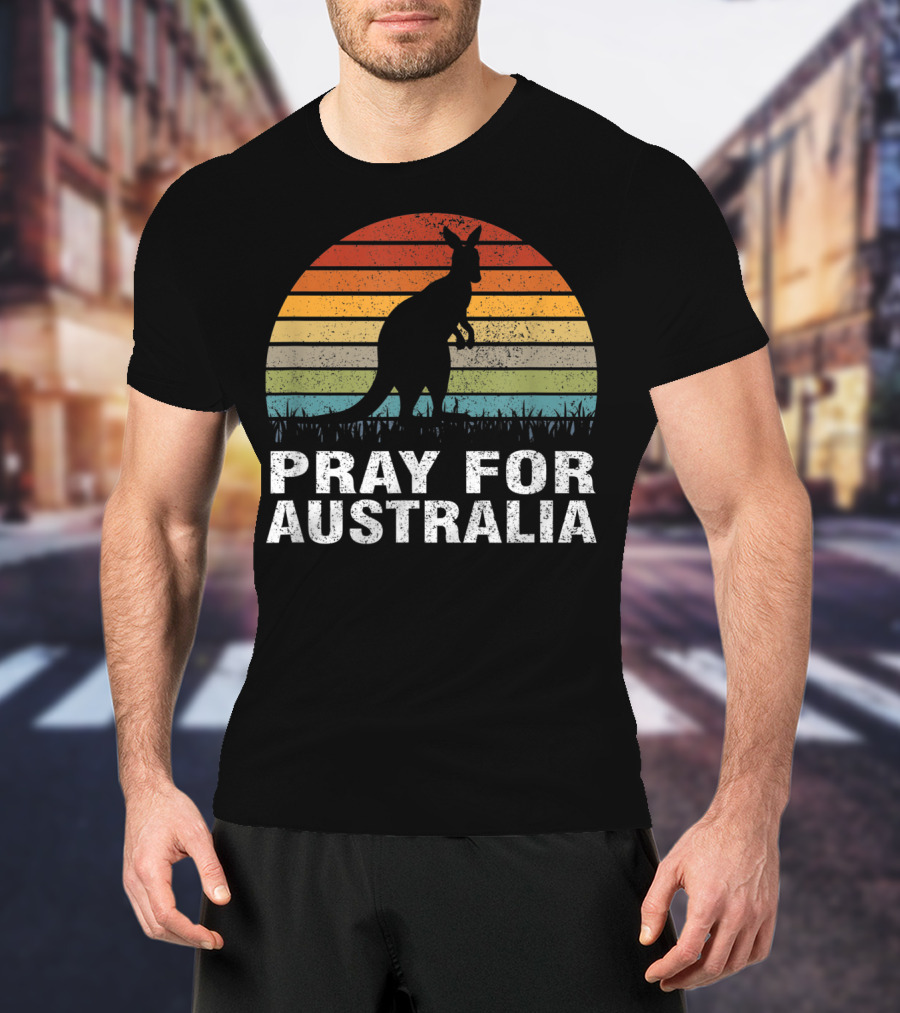 Retro Sun Stripes Kangaroo Silhouette Pray For Australia T-Shirt