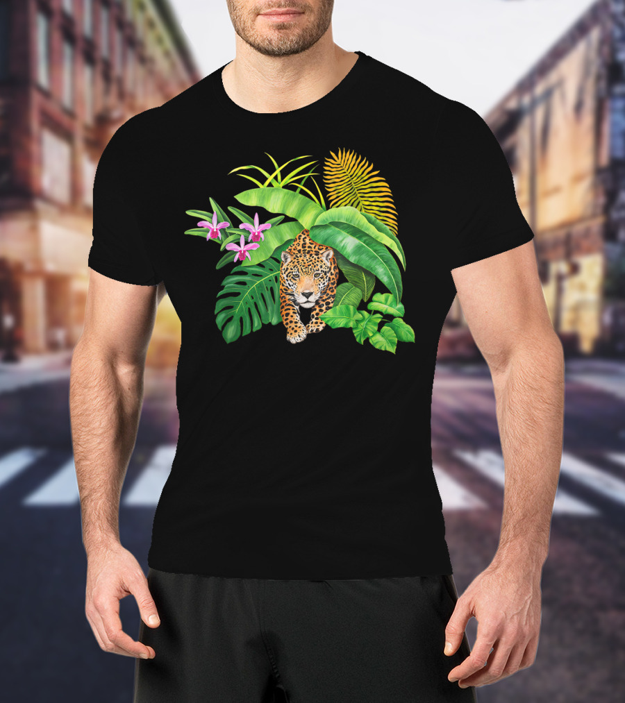 Jaguar Amongst Amazonas Foliage With Orchid Flowers Australia Animal Print Cat T-Shirt
