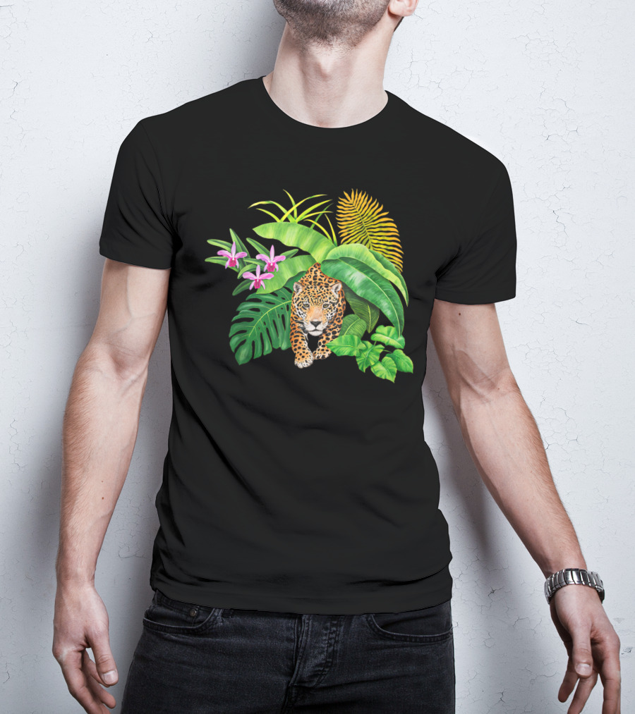 Jaguar Amongst Amazonas Foliage With Orchid Flowers Australia Animal Print Cat T-Shirt