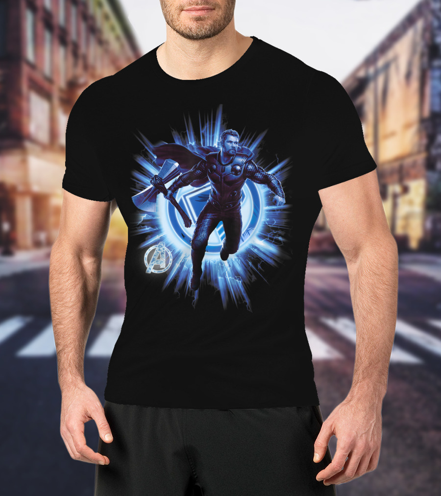 Thor Avengers Endgame Blast With Axe And Blue Lightning Background T-Shirt