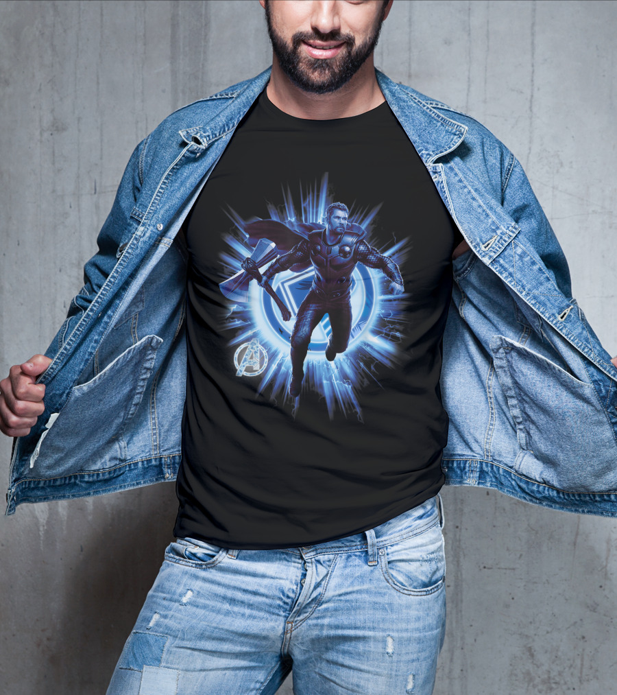 Thor Avengers Endgame Blast With Axe And Blue Lightning Background T-Shirt