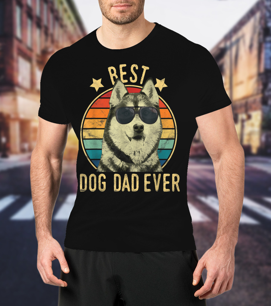 Mens Best Dog Dad Ever Siberian Husky Wearing Sunglasses T-Shirt