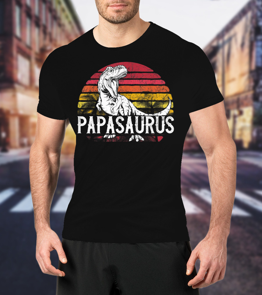 Mens Father's Day Papasaurus Dinosaur Retro Sunset T-Shirt