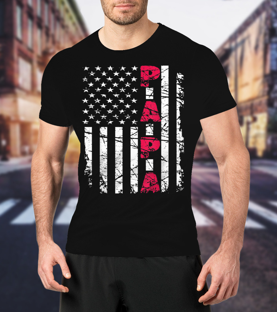 Mens Proud Papa American Flag Christmas Husban T-Shirt