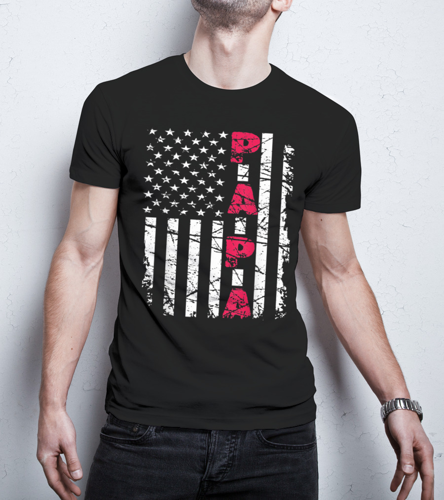 Mens Proud Papa American Flag Christmas Husban T-Shirt