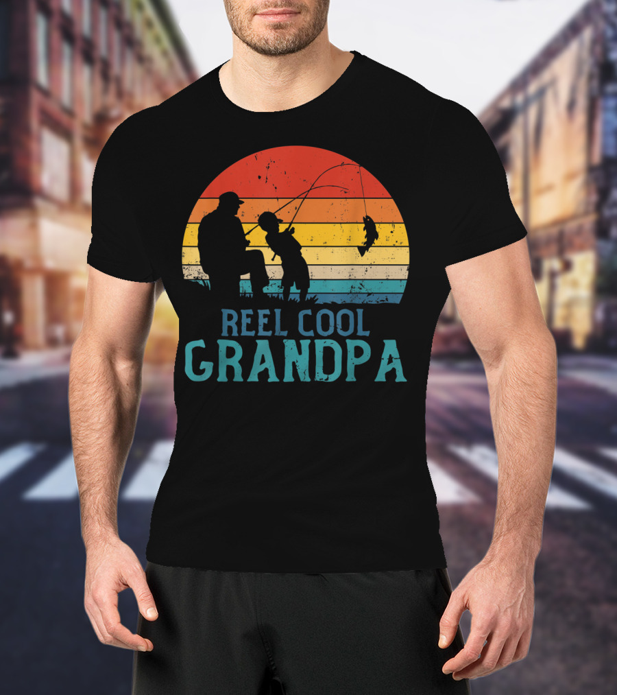Reel Cool Grandpa Fishing Father's Day Grandfather Retro Sunset T-Shirt