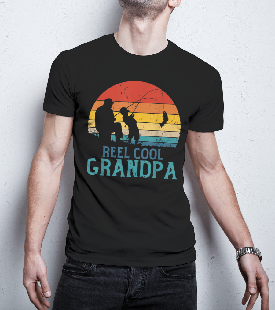 Reel Cool Grandpa Fishing Father's Day Grandfather Retro Sunset T-Shirt