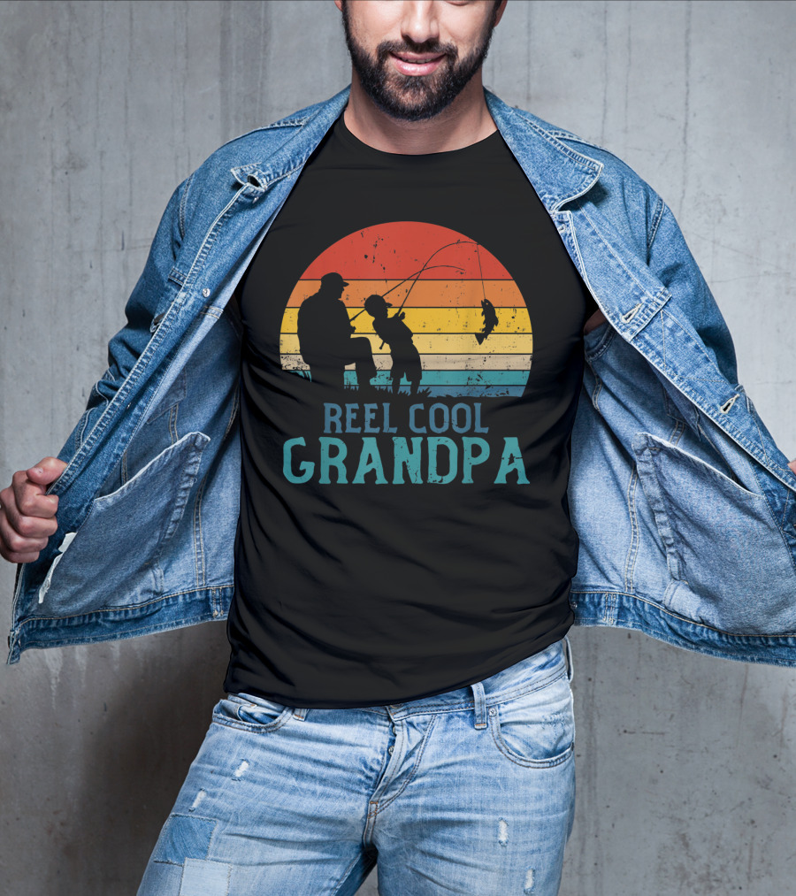Reel Cool Grandpa Fishing Father's Day Grandfather Retro Sunset T-Shirt