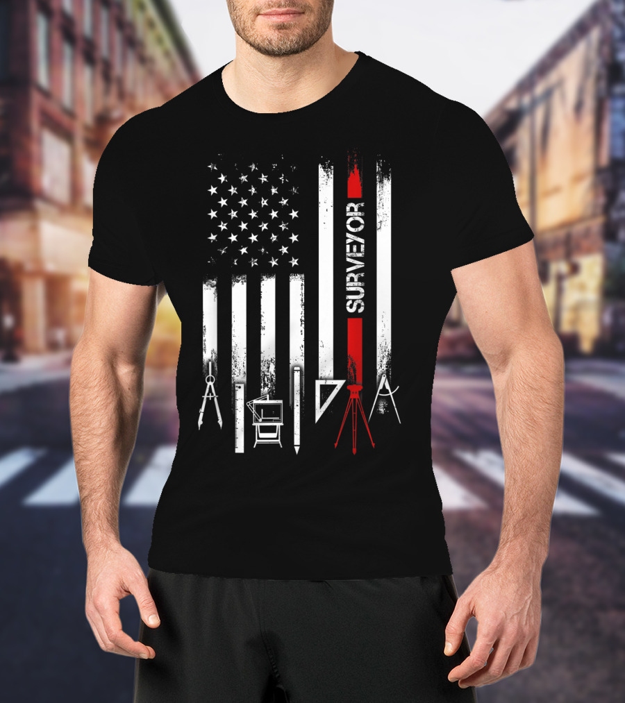 Surveyor American Flag With Tools And Compass Elements T-Shirt
