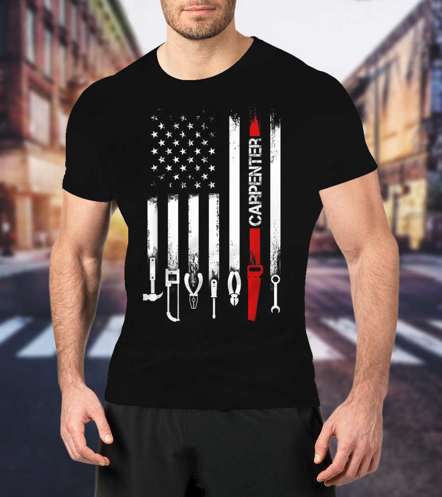 American Flag Carpenter Tools Vertical Stripes Saw Wrench Pliers Hammer T-Shirt