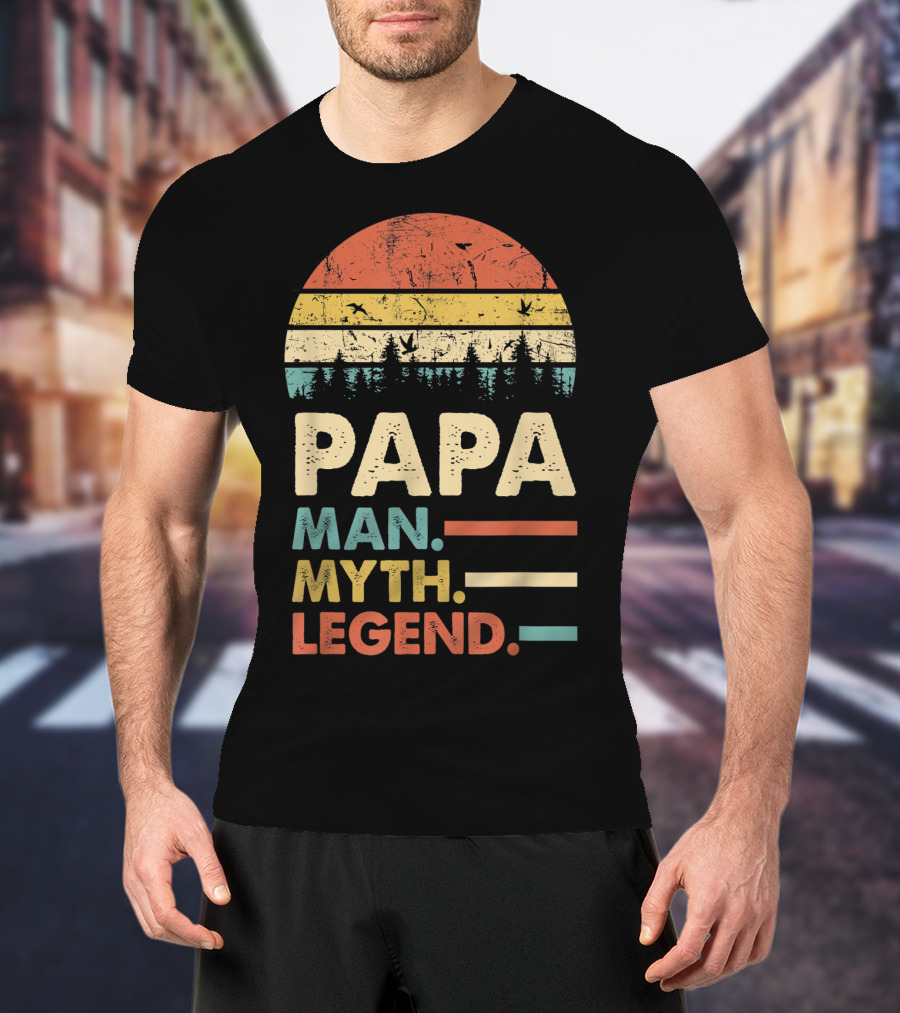 Papa Man Myth Legend Vintage Mens Dad Yx Retro Sunset Forest Birds T-Shirt