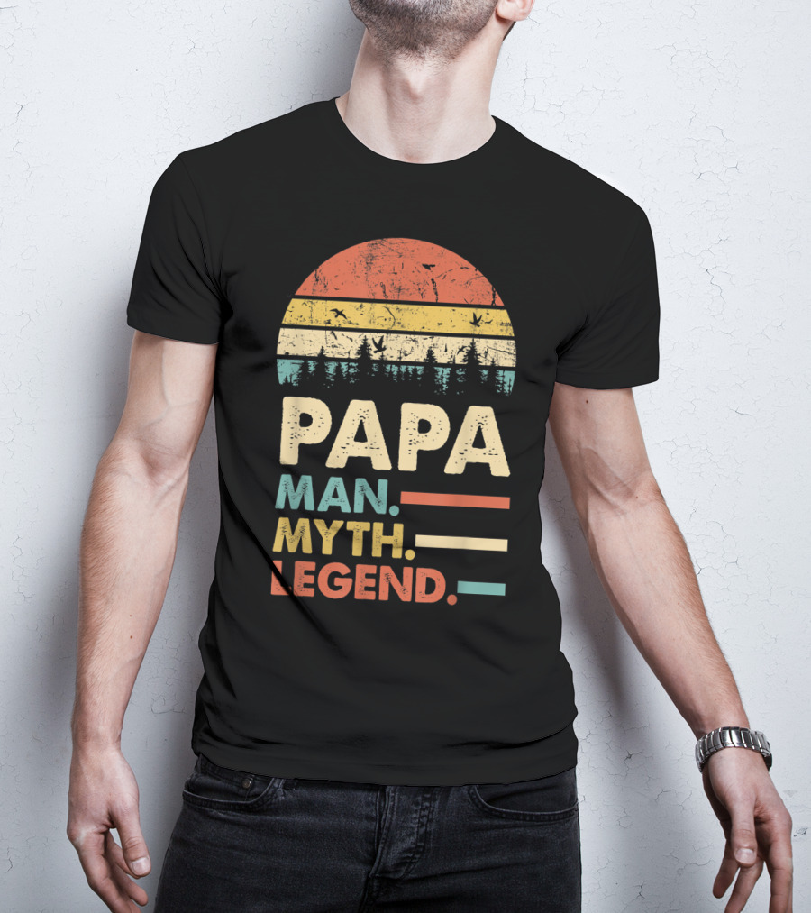Papa Man Myth Legend Vintage Mens Dad Yx Retro Sunset Forest Birds T-Shirt