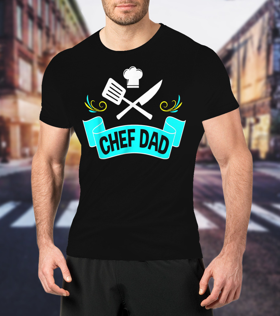 Chef Dad Cooking Daddy Banner With Chef Hat And Cooking Tools T-Shirt