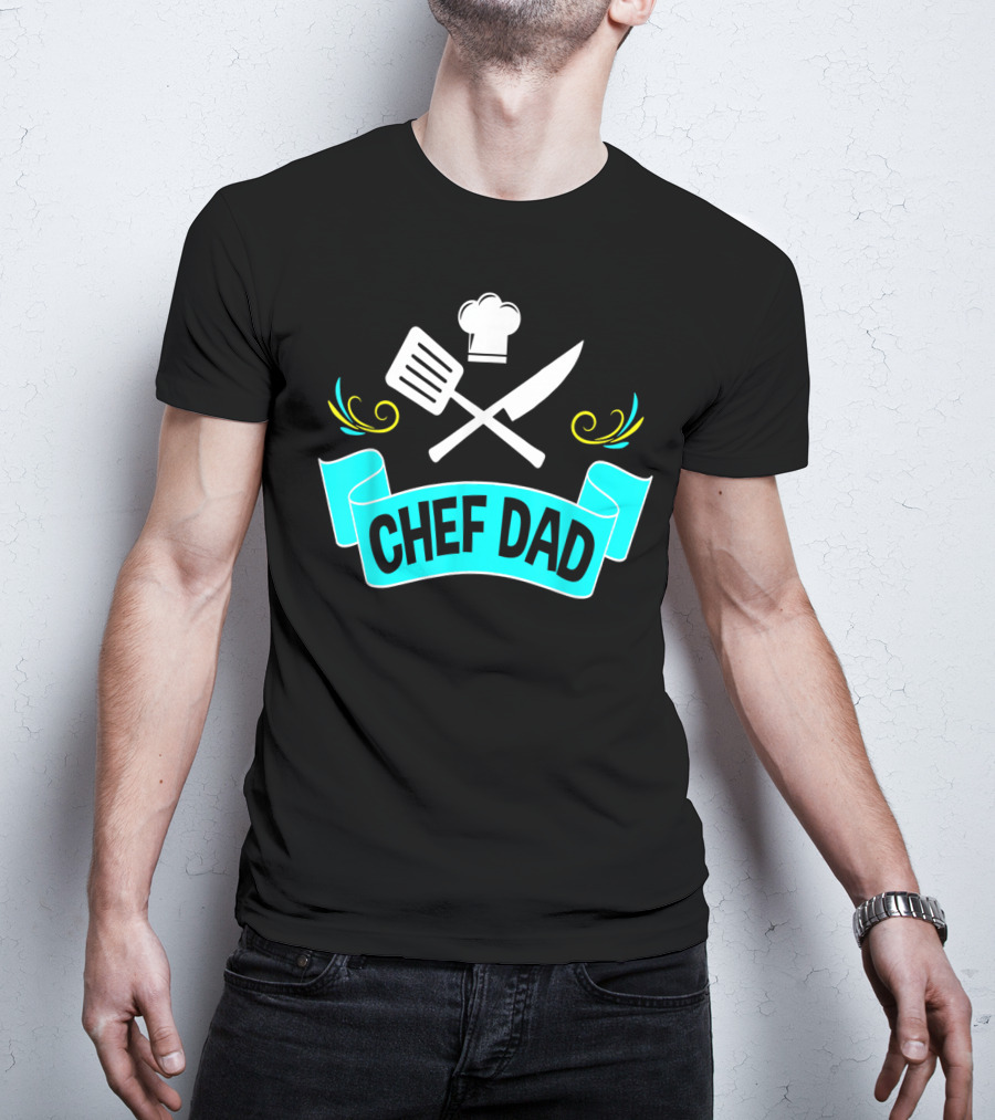 Chef Dad Cooking Daddy Banner With Chef Hat And Cooking Tools T-Shirt