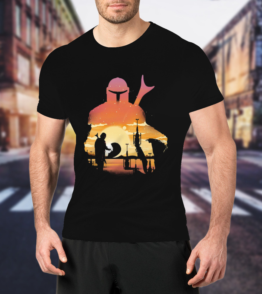 The Mandalorian Sunset Silhouette With Bounty Hunter And Child In Desert Scene T-Shirt