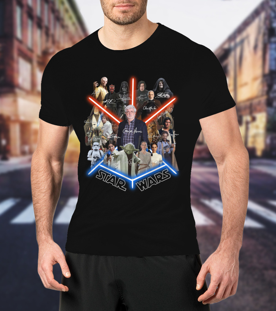 Star Wars George Lucas And Iconic Character Collage With Signatures T-Shirt
