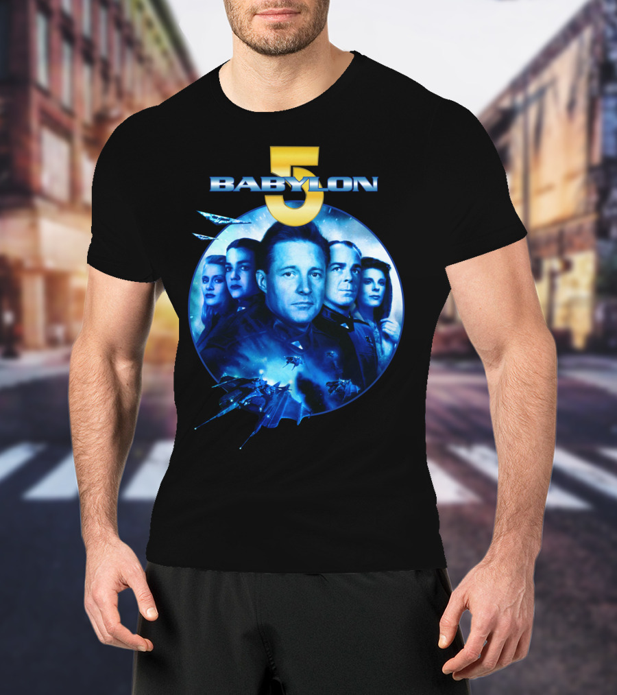 Babylon 5 Science Fiction Series Characters And Spaceship T-Shirt
