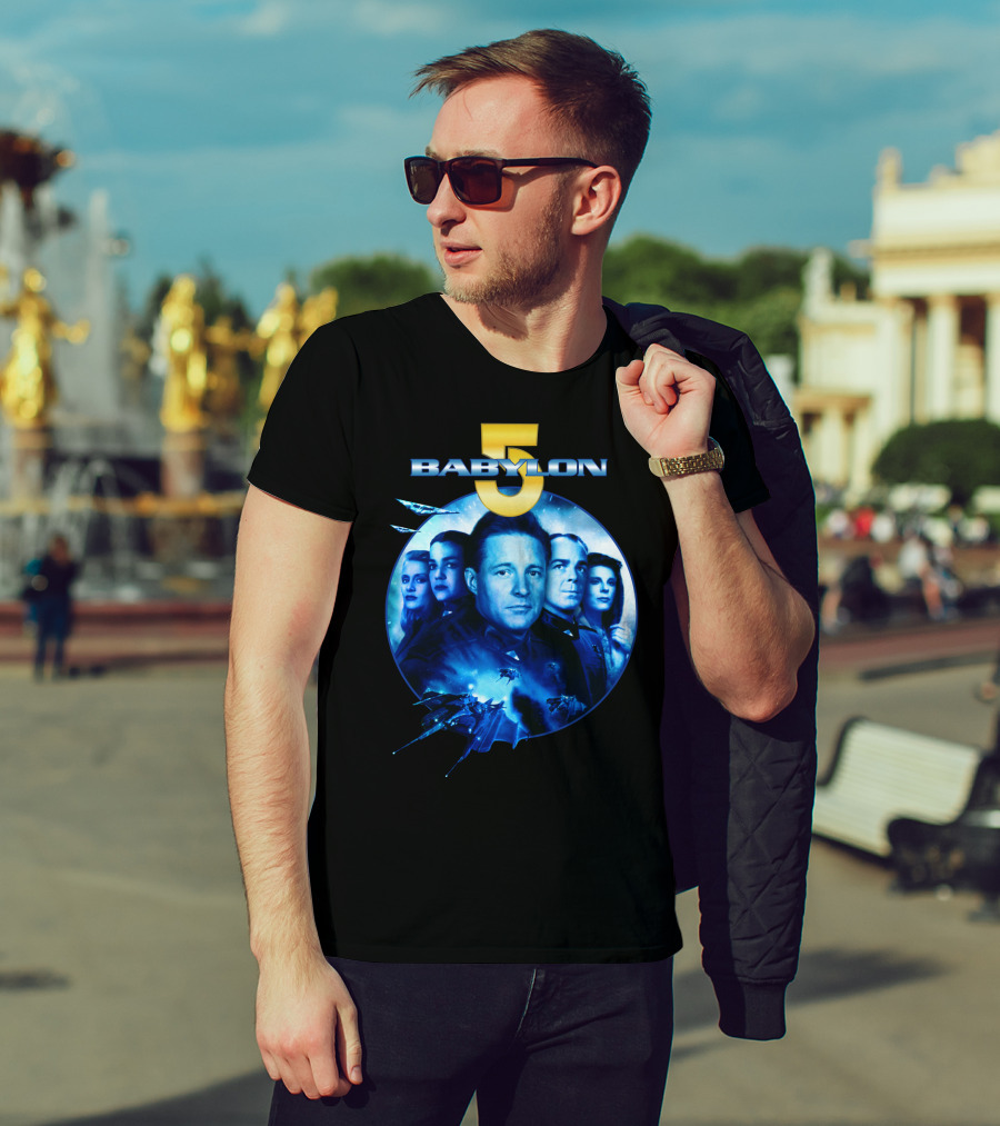 Babylon 5 Science Fiction Series Characters And Spaceship T-Shirt