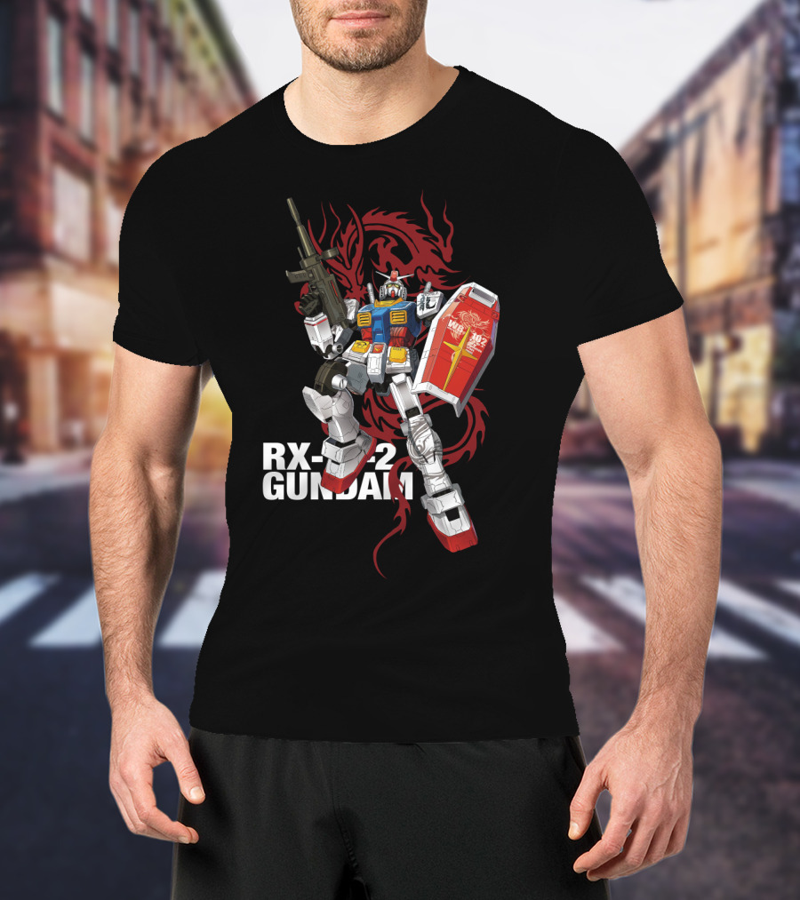 RX 78 2 Gundam Mobile Suit With Red Dragon Background T-Shirt