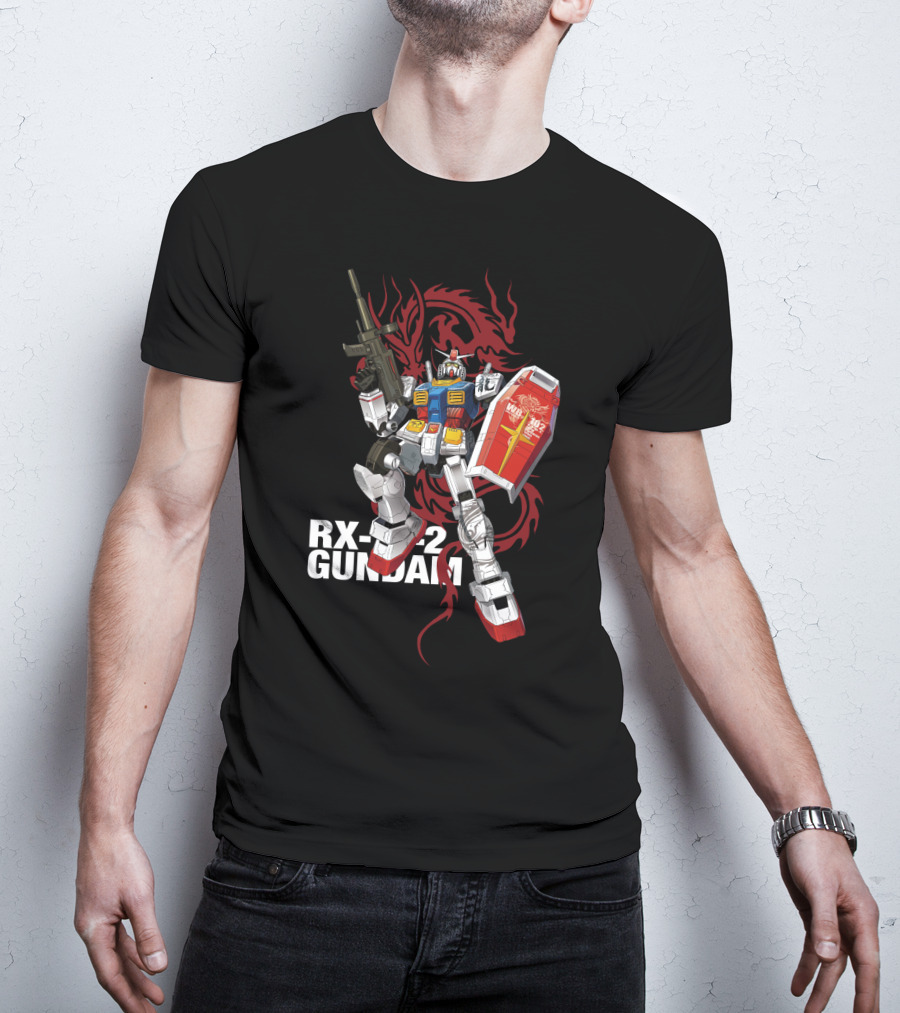 RX 78 2 Gundam Mobile Suit With Red Dragon Background T-Shirt