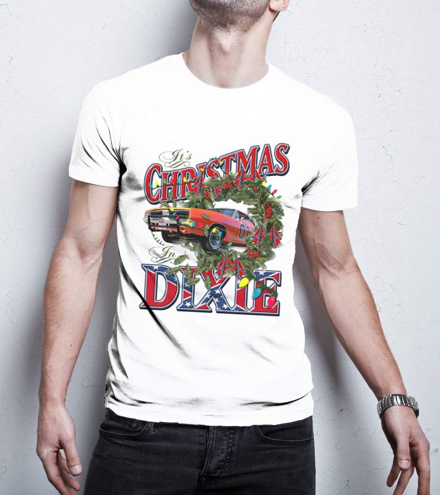It's Christmas In Dixie 01 General Lee Car Wreath Lights T-Shirt