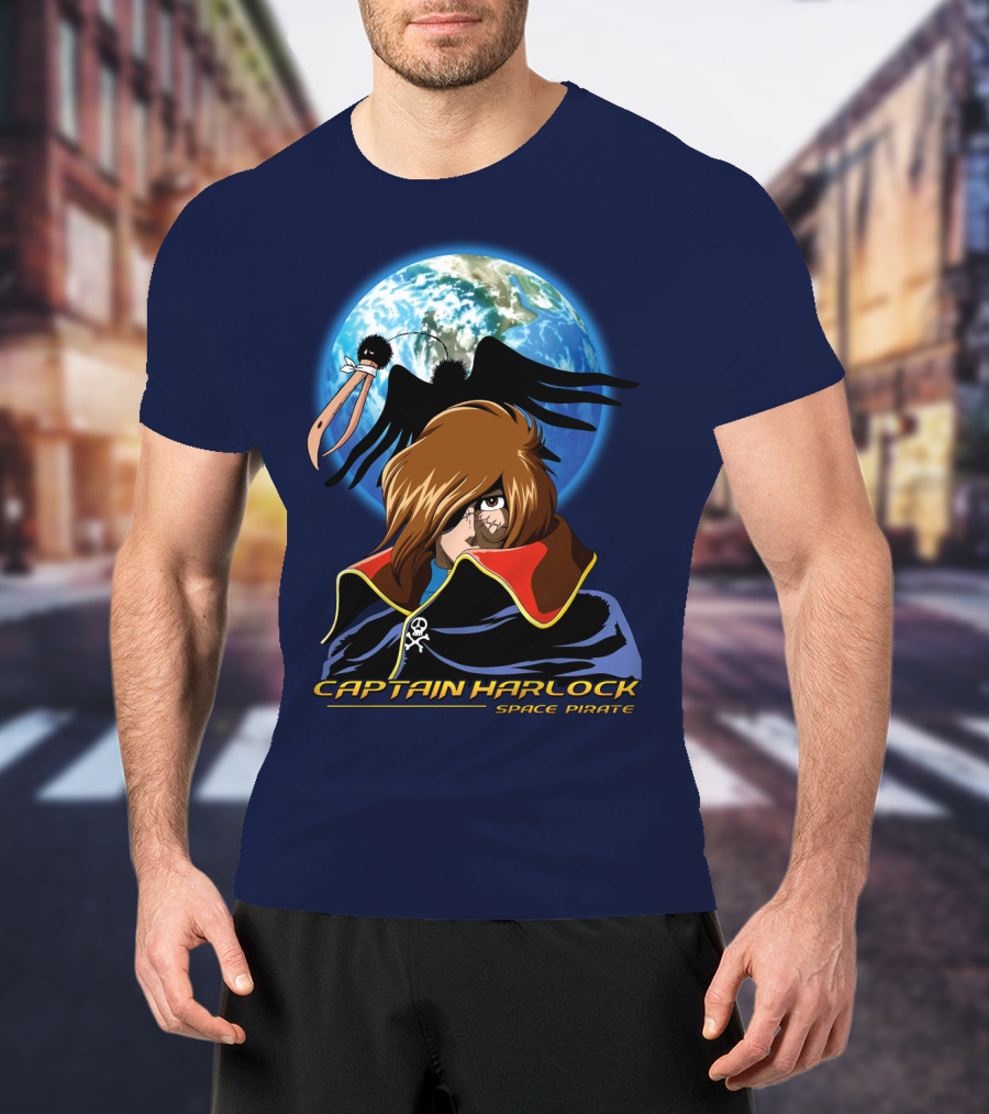 Captain Harlock Space Pirate Anime Icon With Earth And Black Bird T-Shirt