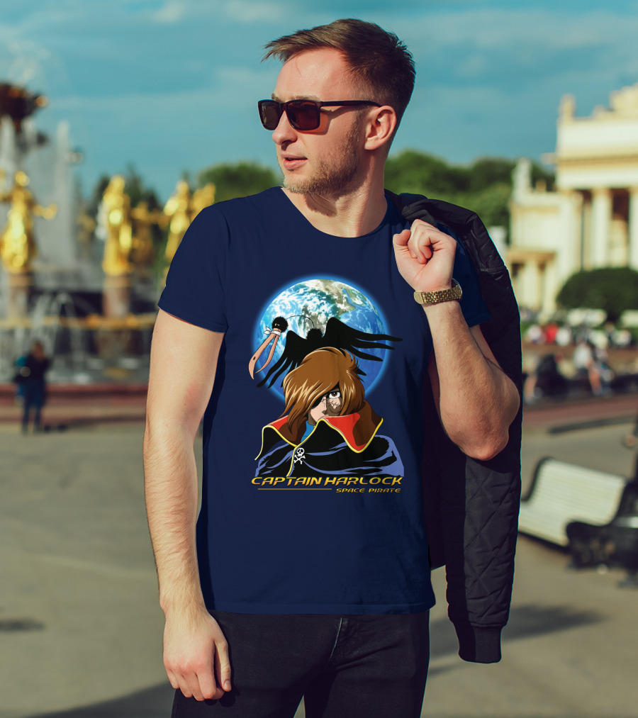 Captain Harlock Space Pirate Anime Icon With Earth And Black Bird T-Shirt