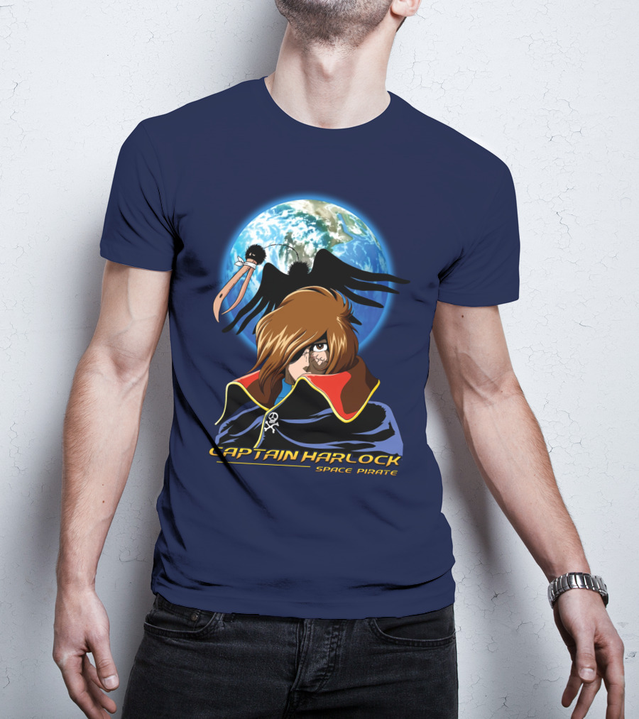 Captain Harlock Space Pirate Anime Icon With Earth And Black Bird T-Shirt