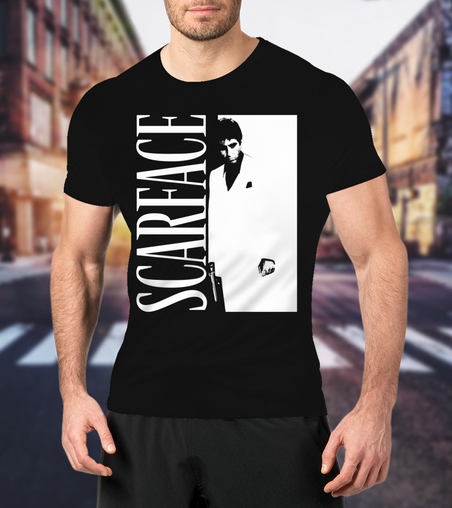 Scarface White Suit Black Background Iconic Movie Image T-Shirt