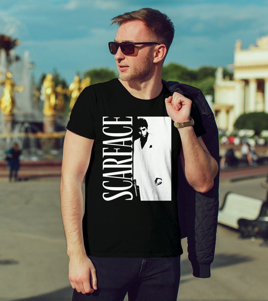 Scarface White Suit Black Background Iconic Movie Image T-Shirt