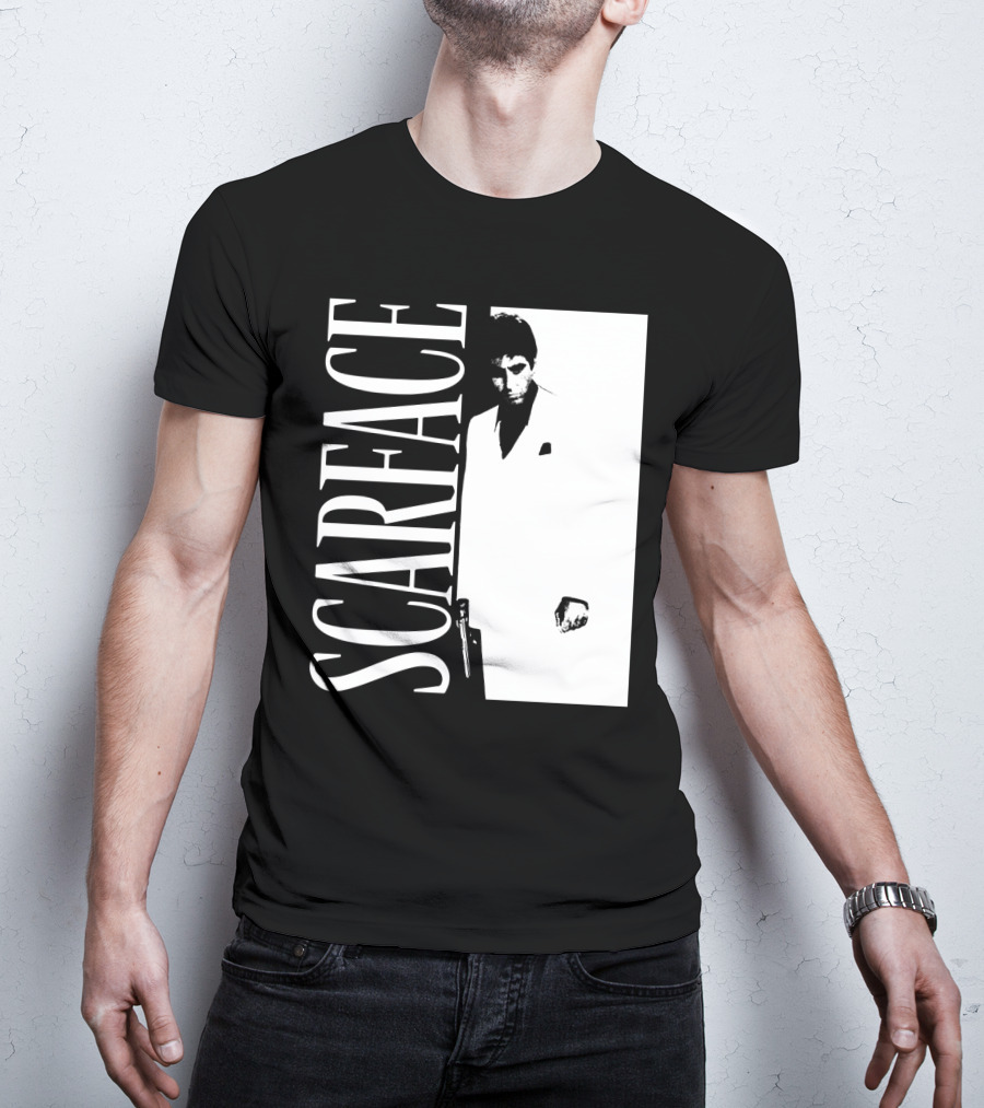 Scarface White Suit Black Background Iconic Movie Image T-Shirt