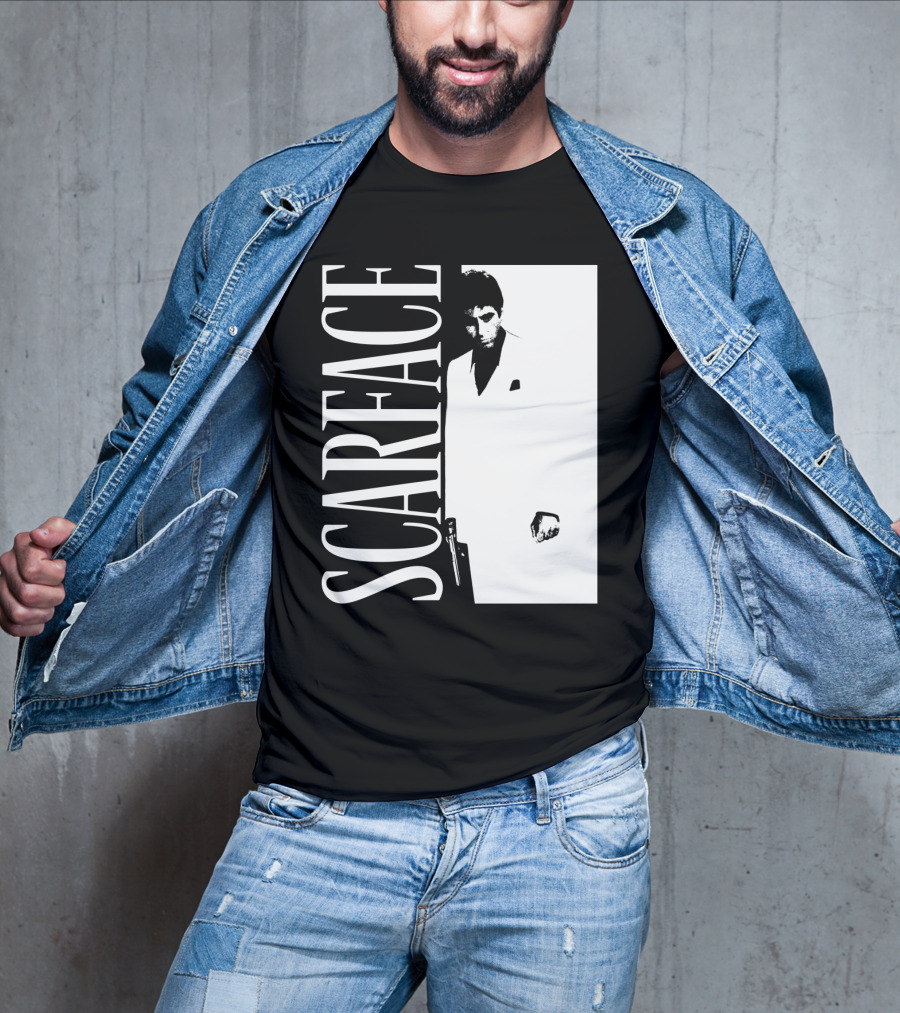 Scarface White Suit Black Background Iconic Movie Image T-Shirt