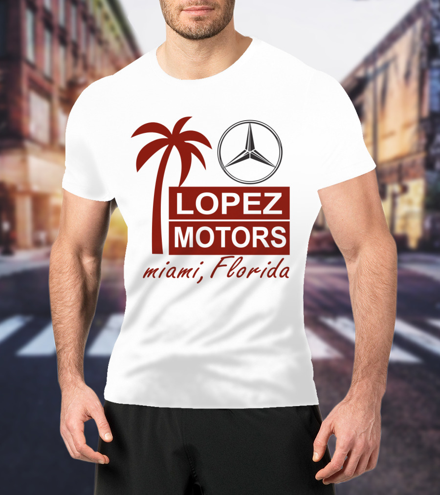 Lopez Motors Miami Florida Scarface Palm Tree Mercedes Benz Star T-Shirt