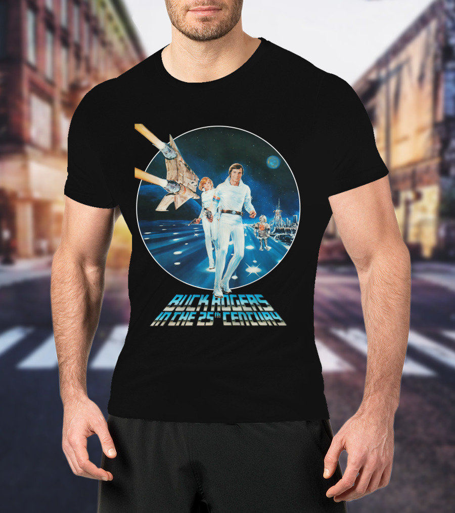Buck Rogers In The 25th Century Space Adventure Crew And Starship On Futuristic Landscape T-Shirt