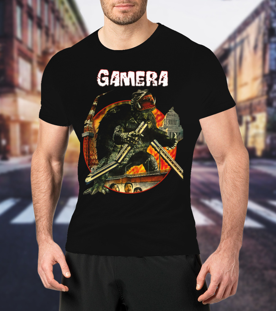 Gamera Monster Clash With Iconic Japanese Tower And Cityscape Scene T-Shirt