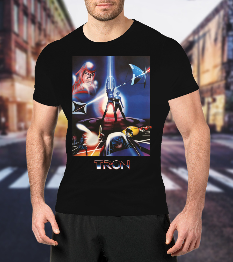 TRON Movie Artwork With Iconic Light Cycle And Disc Battle T-Shirt