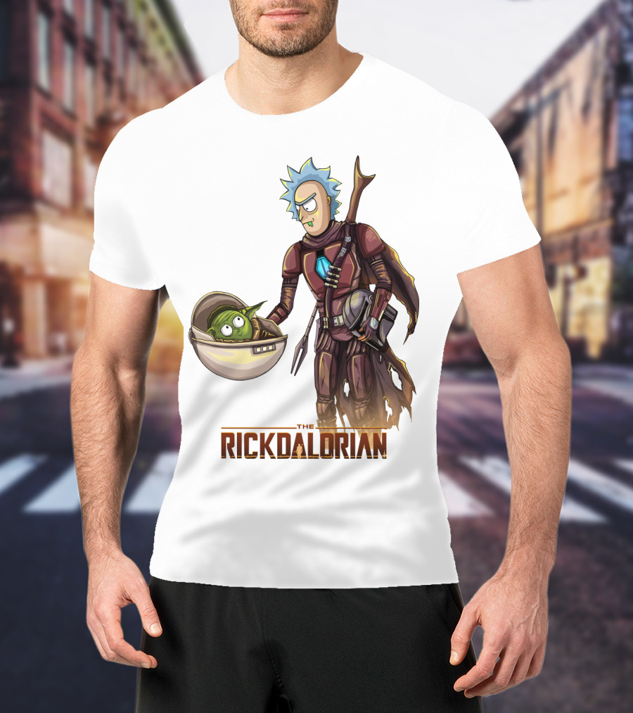 The RICKDALORIAN Sci-Fi Character Fusion With Armor And Green Alien In Pod T-Shirt