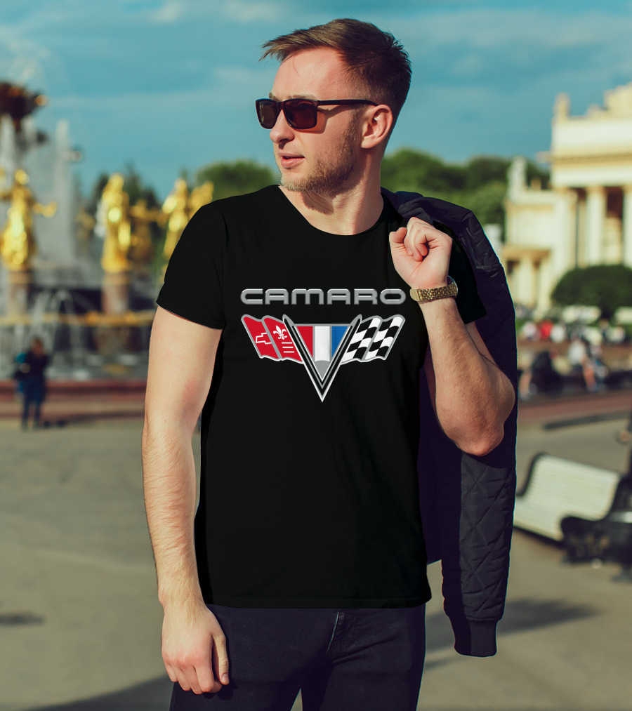 Camaro Chevrolet Racing Flags Logo With Emblems T-Shirt