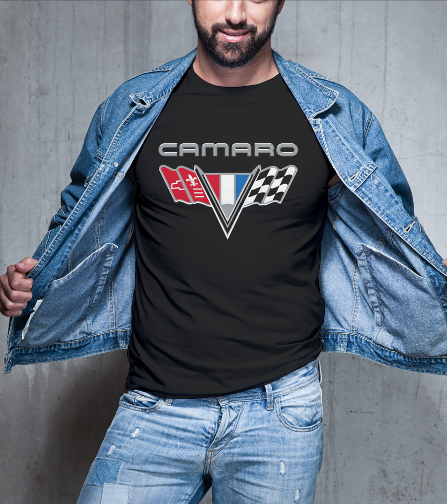 Camaro Chevrolet Racing Flags Logo With Emblems T-Shirt